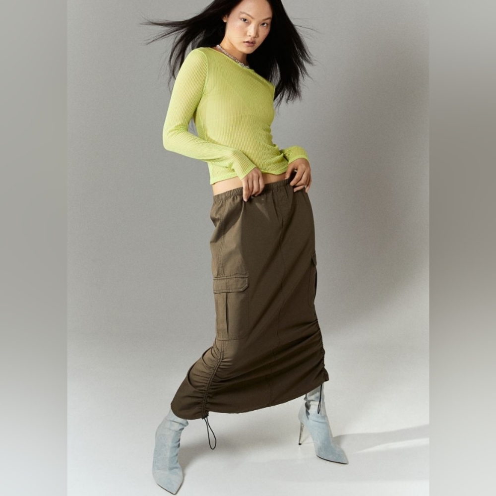 H&M Cotton Parachute Skirt Side Drawstring Elastic Waist Olive Green Nwt